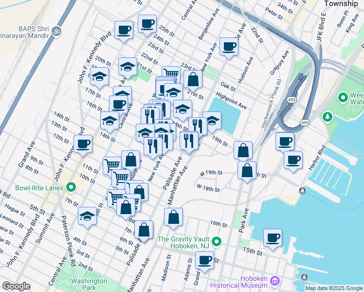 map of restaurants, bars, coffee shops, grocery stores, and more near 308 15th Street in Union City