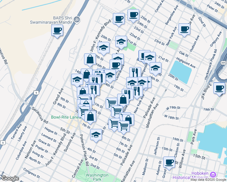 map of restaurants, bars, coffee shops, grocery stores, and more near 613 13th Street in Union City