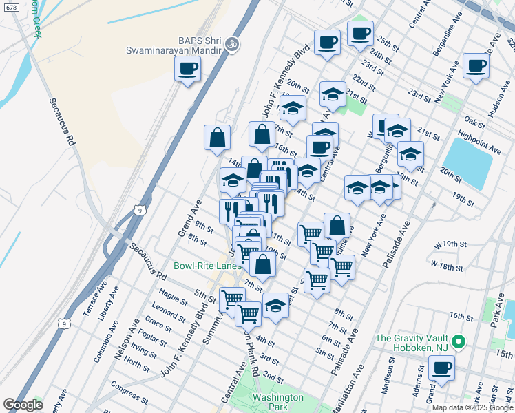 map of restaurants, bars, coffee shops, grocery stores, and more near 1107 Summit Avenue in Union City