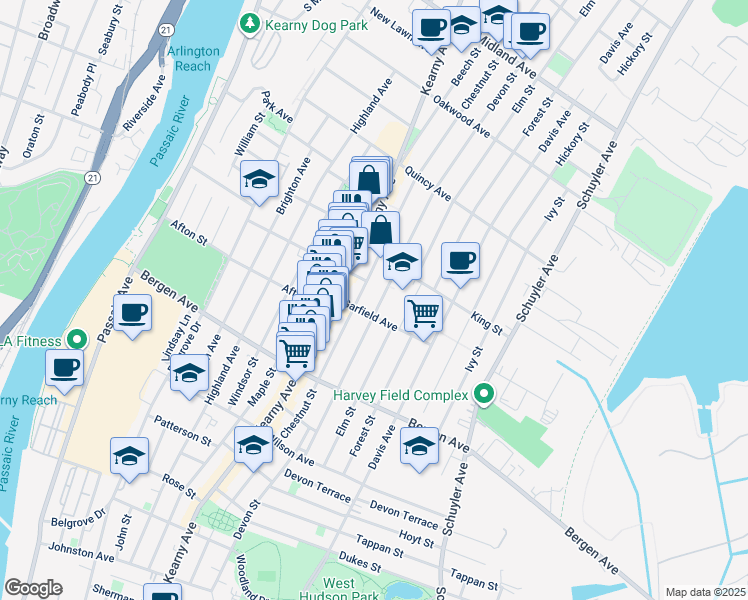 map of restaurants, bars, coffee shops, grocery stores, and more near 44 Garfield Avenue in Kearny