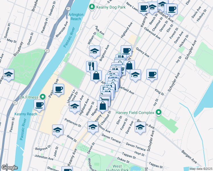 map of restaurants, bars, coffee shops, grocery stores, and more near 289 Kearny Avenue in Kearny