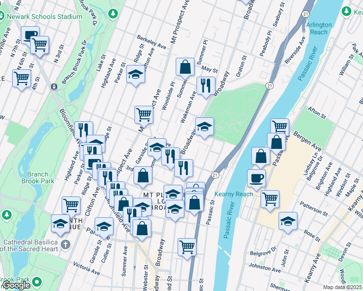 map of restaurants, bars, coffee shops, grocery stores, and more near 298 Broadway in Newark