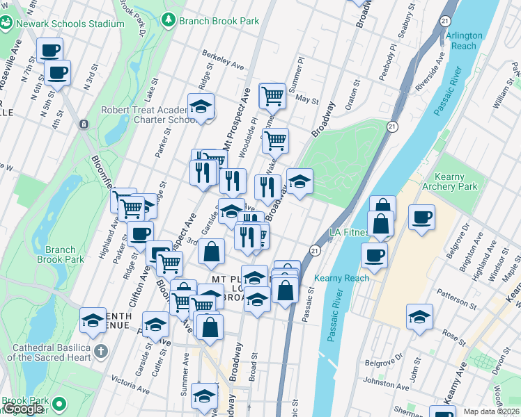 map of restaurants, bars, coffee shops, grocery stores, and more near 298 Broadway in Newark