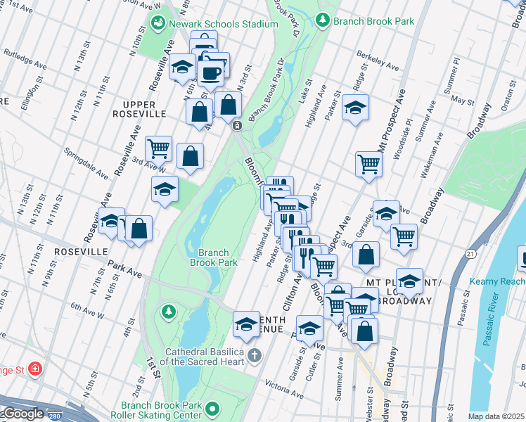map of restaurants, bars, coffee shops, grocery stores, and more near 136 Highland Avenue in Newark