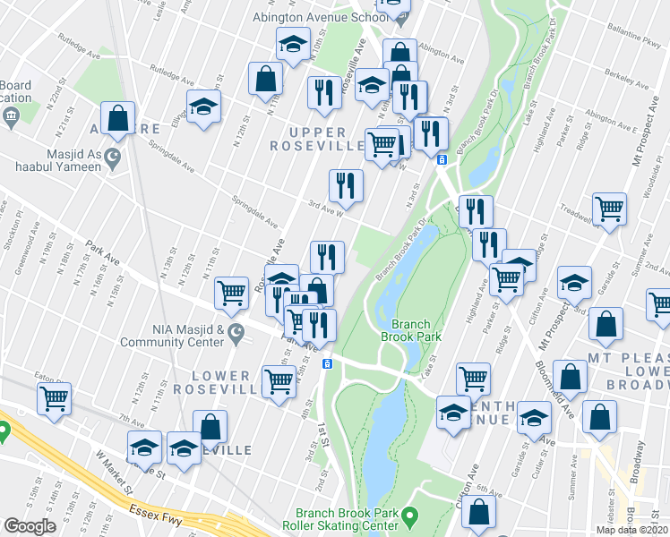 map of restaurants, bars, coffee shops, grocery stores, and more near 361 North 6th Street in Newark