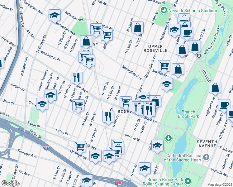 map of restaurants, bars, coffee shops, grocery stores, and more near 170 North 11th Street in Newark