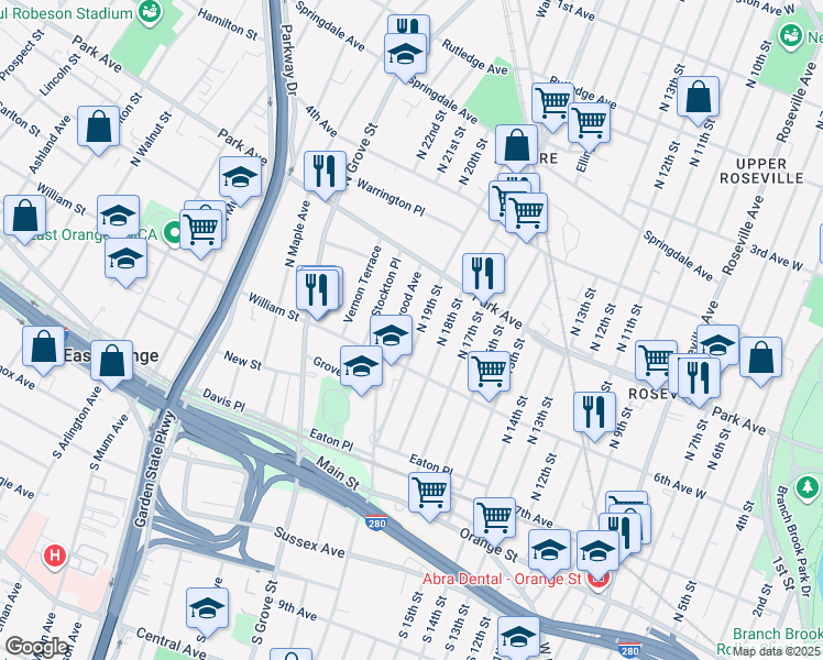 map of restaurants, bars, coffee shops, grocery stores, and more near 84 North 19th Street in East Orange