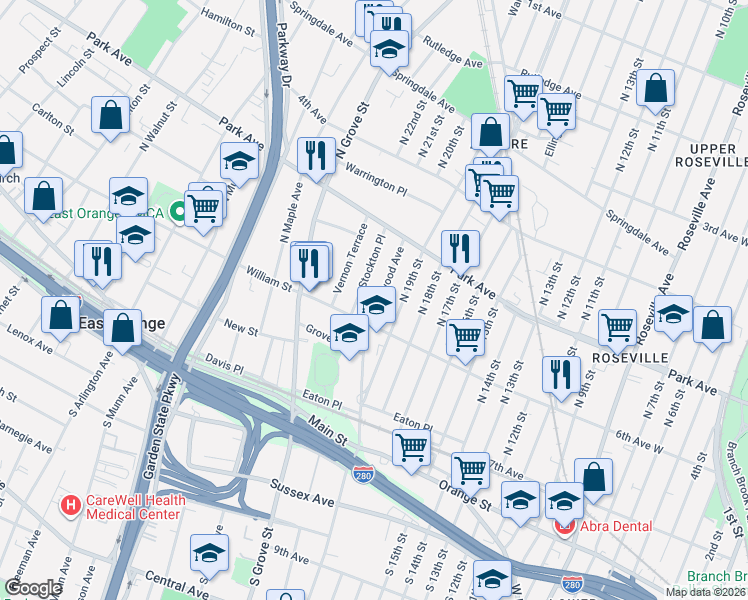 map of restaurants, bars, coffee shops, grocery stores, and more near 136 William Street in East Orange