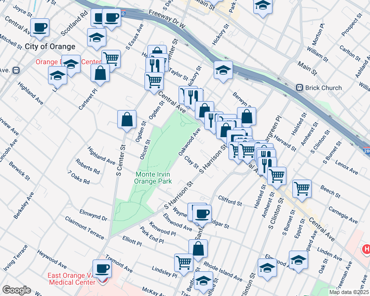 map of restaurants, bars, coffee shops, grocery stores, and more near 336 Oakwood Avenue in City of Orange