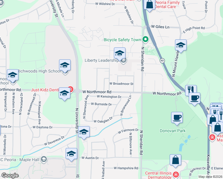 map of restaurants, bars, coffee shops, grocery stores, and more near 913 West Kensington Drive in Peoria