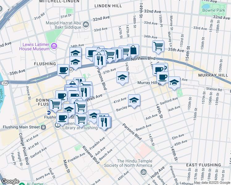 map of restaurants, bars, coffee shops, grocery stores, and more near 144-30 Roosevelt Avenue in Queens