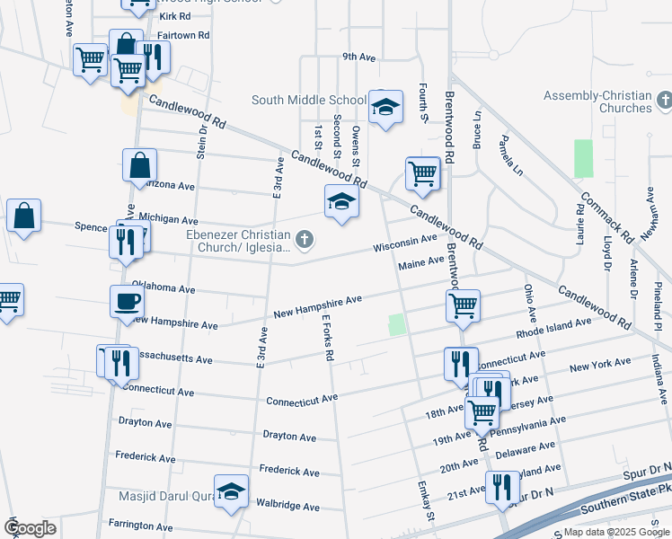 map of restaurants, bars, coffee shops, grocery stores, and more near 93 New Hampshire Avenue in Bay Shore