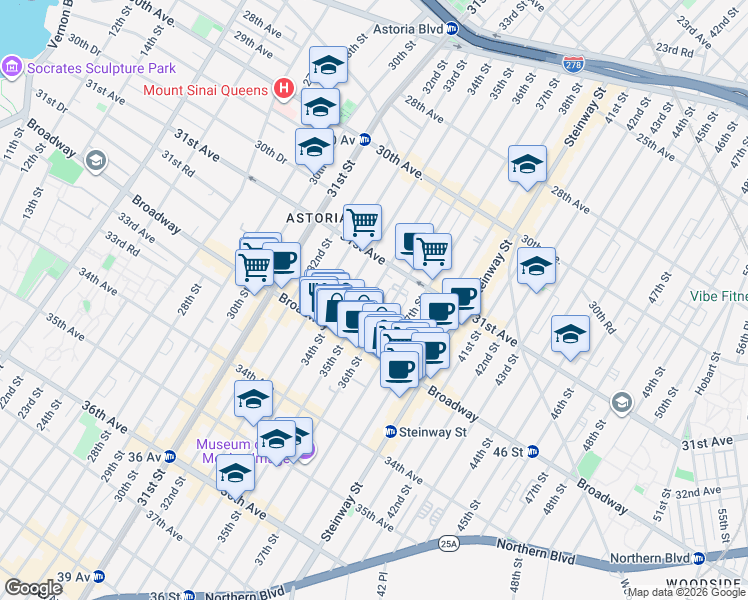 map of restaurants, bars, coffee shops, grocery stores, and more near 31-39 35th Street in Queens