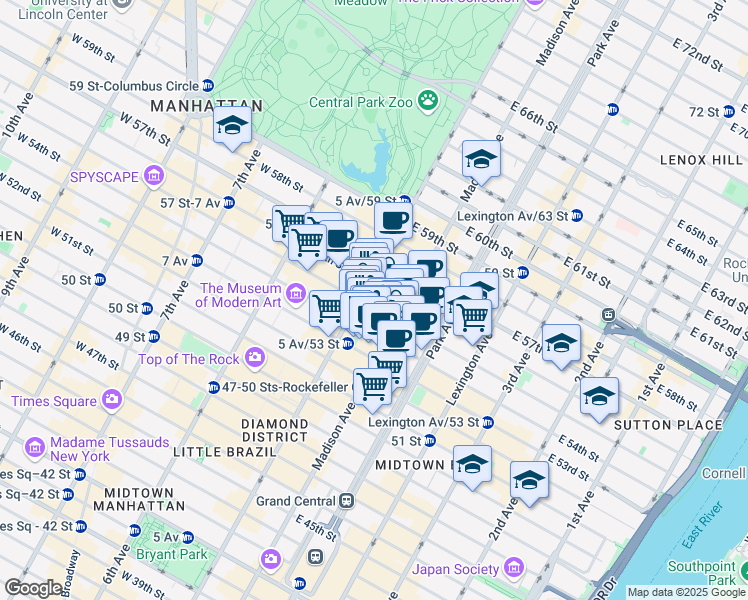map of restaurants, bars, coffee shops, grocery stores, and more near 5 East 55th Street in New York
