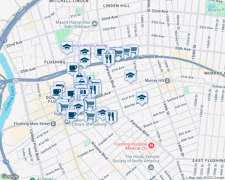 map of restaurants, bars, coffee shops, grocery stores, and more near 143-40 Roosevelt Avenue in Queens