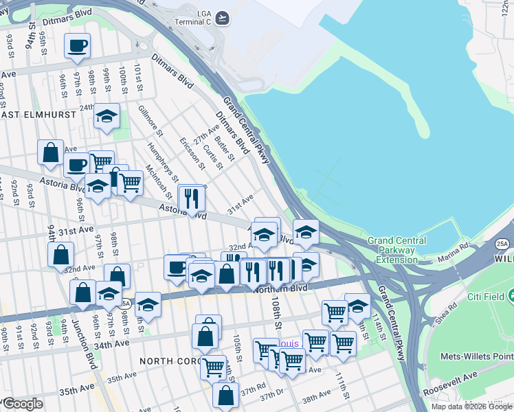 map of restaurants, bars, coffee shops, grocery stores, and more near 10723 Astoria Boulevard in Queens