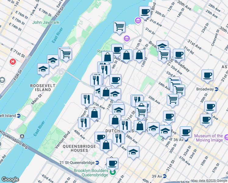 map of restaurants, bars, coffee shops, grocery stores, and more near 11-9 36th Avenue in Queens