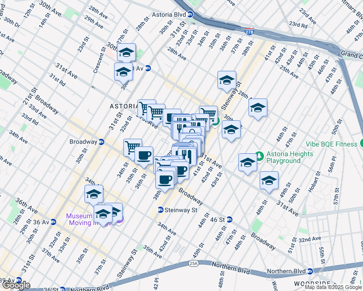 map of restaurants, bars, coffee shops, grocery stores, and more near 31-28 38th Street in Queens