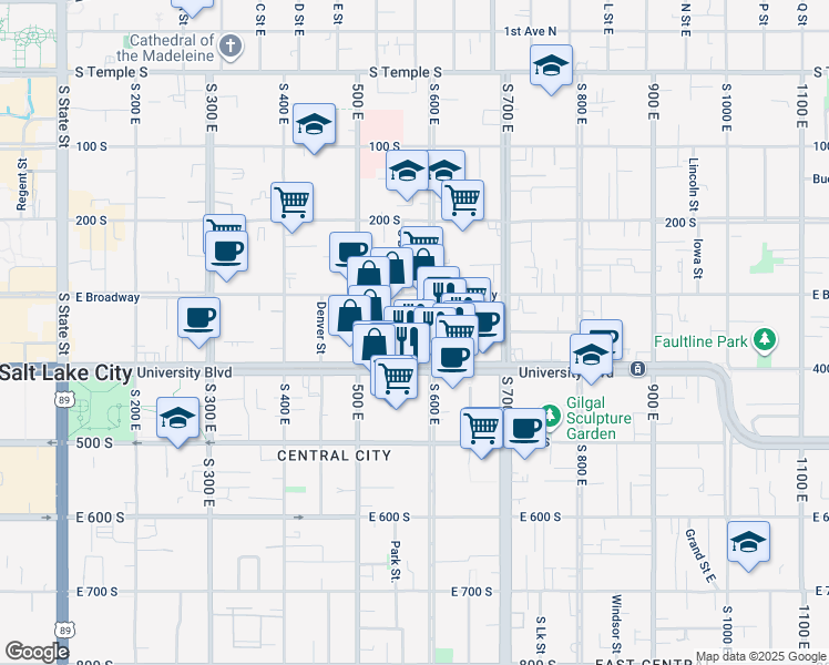 map of restaurants, bars, coffee shops, grocery stores, and more near 350 South 600 East in Salt Lake City