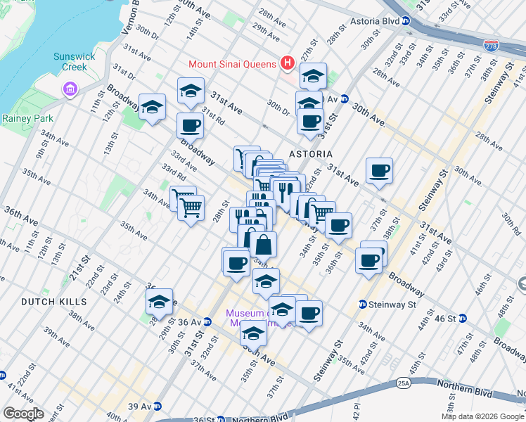 map of restaurants, bars, coffee shops, grocery stores, and more near 32-15 30th Street in Queens