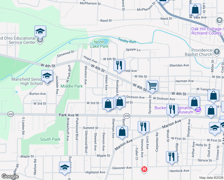 map of restaurants, bars, coffee shops, grocery stores, and more near 78 Helen Avenue in Mansfield