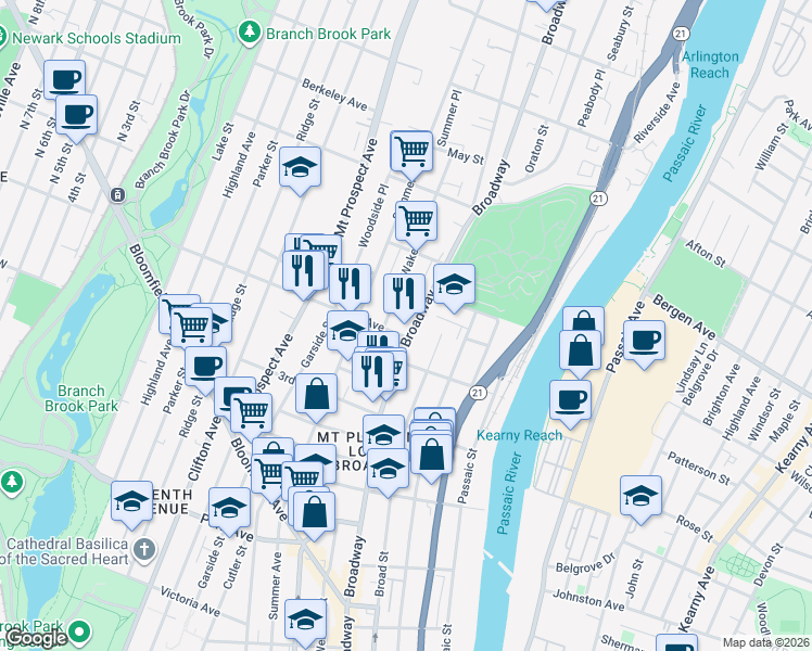 map of restaurants, bars, coffee shops, grocery stores, and more near 298 Broadway in Newark