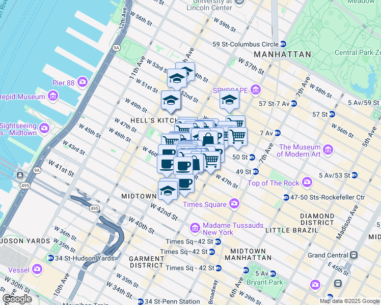map of restaurants, bars, coffee shops, grocery stores, and more near 343 West 47th Street in New York