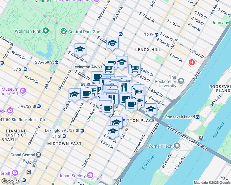 map of restaurants, bars, coffee shops, grocery stores, and more near 250 East 59th Street in New York