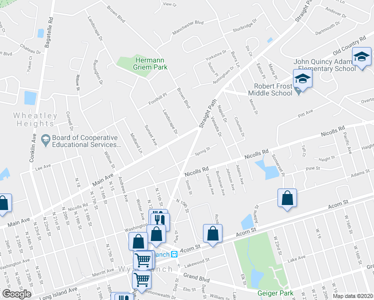map of restaurants, bars, coffee shops, grocery stores, and more near 1668 Straight Path in Wyandanch