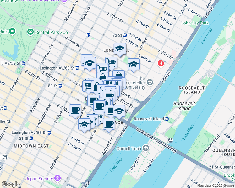 map of restaurants, bars, coffee shops, grocery stores, and more near 1138 1st Avenue in New York