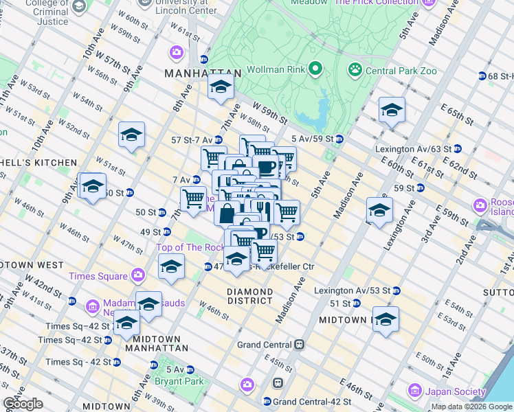 map of restaurants, bars, coffee shops, grocery stores, and more near 53 West 53rd Street in New York