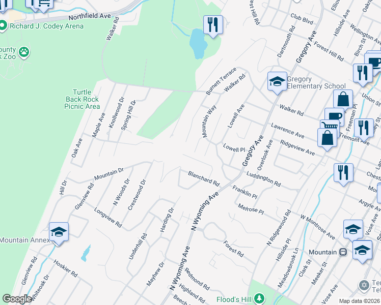 map of restaurants, bars, coffee shops, grocery stores, and more near 82 Blanchard Road in South Orange