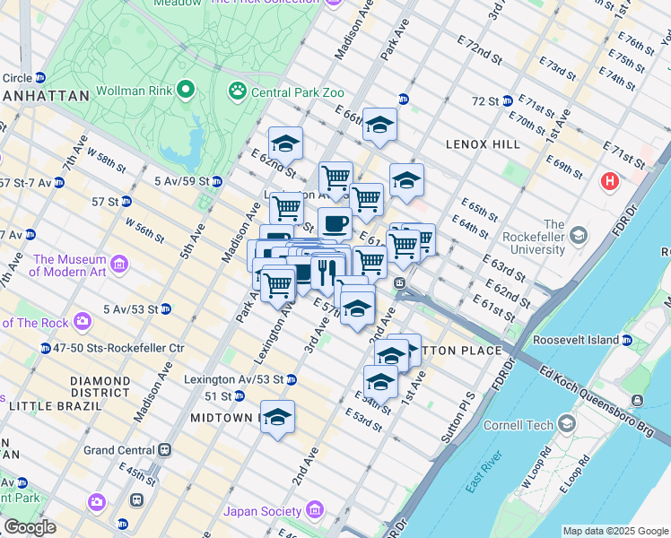 map of restaurants, bars, coffee shops, grocery stores, and more near 150 East 59th Street in New York