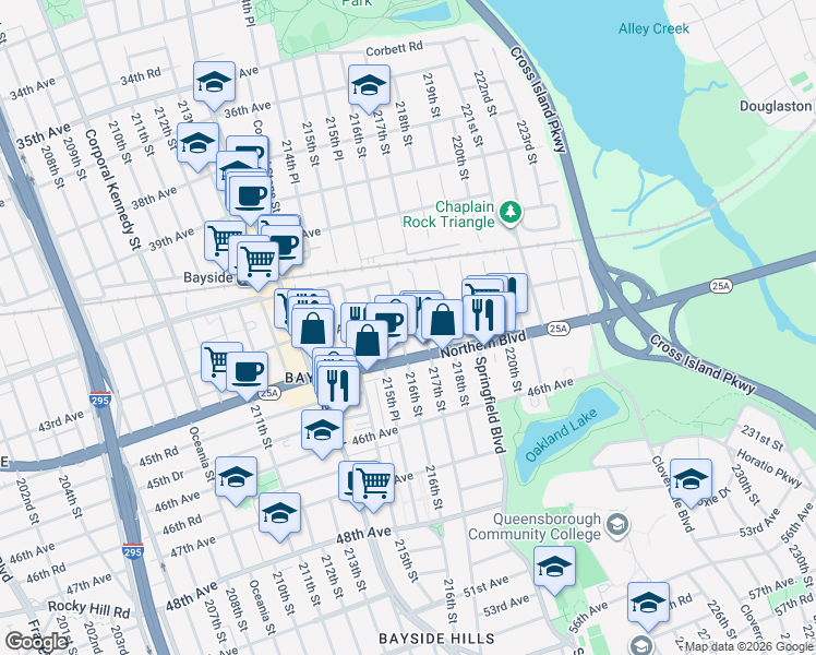 map of restaurants, bars, coffee shops, grocery stores, and more near 216-01 Northern Boulevard in Queens