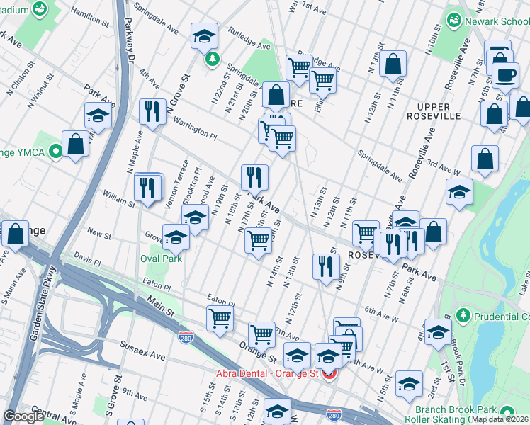 map of restaurants, bars, coffee shops, grocery stores, and more near 110 North 16th Street in East Orange