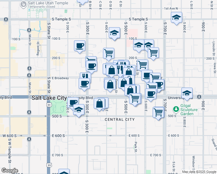map of restaurants, bars, coffee shops, grocery stores, and more near 343 South 400 East in Salt Lake City