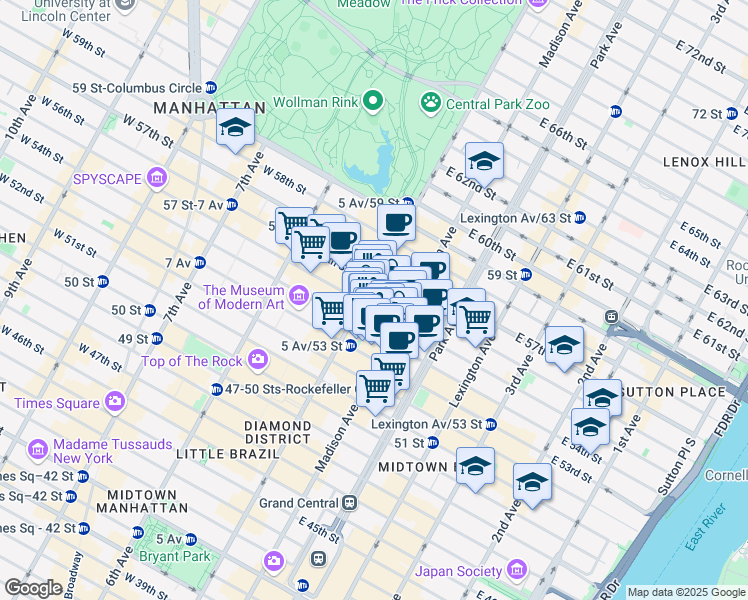 map of restaurants, bars, coffee shops, grocery stores, and more near 16 East 54th Street in New York