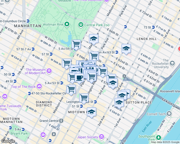 map of restaurants, bars, coffee shops, grocery stores, and more near 126 East 56th Street in New York