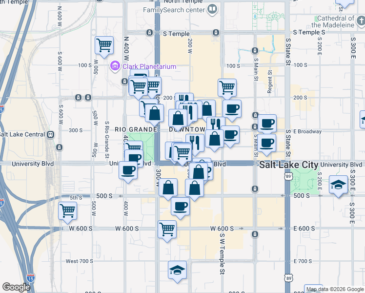 map of restaurants, bars, coffee shops, grocery stores, and more near 360 South 200 West in Salt Lake City