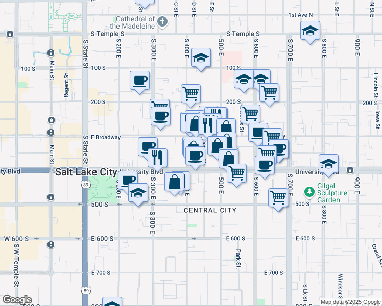 map of restaurants, bars, coffee shops, grocery stores, and more near 343 South 400 East in Salt Lake City