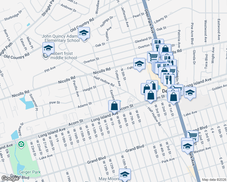 map of restaurants, bars, coffee shops, grocery stores, and more near 325 Half Hollow Road in Deer Park