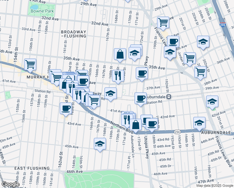 map of restaurants, bars, coffee shops, grocery stores, and more near 36-05 169th Street in Queens