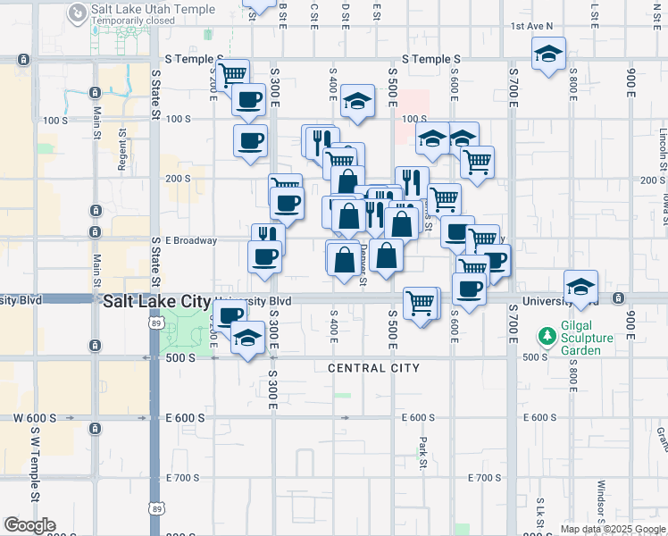 map of restaurants, bars, coffee shops, grocery stores, and more near 350 South 400 East in Salt Lake City