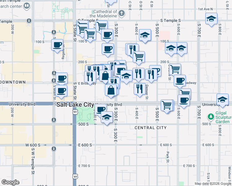 map of restaurants, bars, coffee shops, grocery stores, and more near 322 East Broadway in Salt Lake City
