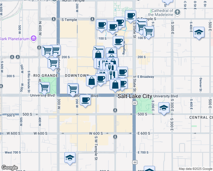 map of restaurants, bars, coffee shops, grocery stores, and more near 42 West Market Street in Salt Lake City