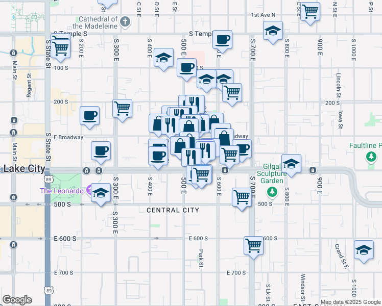 map of restaurants, bars, coffee shops, grocery stores, and more near 343 South 500 East in Salt Lake City