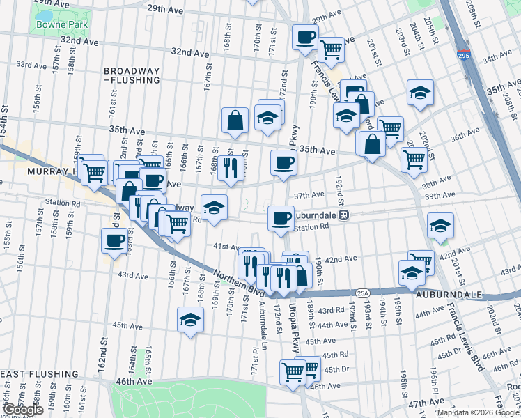 map of restaurants, bars, coffee shops, grocery stores, and more near 36-4 171st Street in Queens