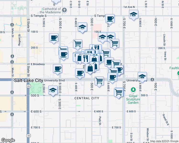 map of restaurants, bars, coffee shops, grocery stores, and more near 352 South 500 East in Salt Lake City