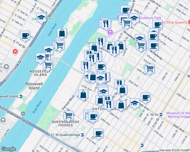 map of restaurants, bars, coffee shops, grocery stores, and more near 35-39 9th Street in Queens