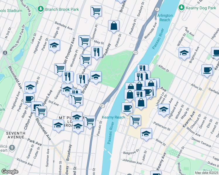 map of restaurants, bars, coffee shops, grocery stores, and more near 24-50 Harvey St in Newark
